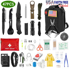 47Pcs Emergency Survival Kit Survival EDC Gear Equipment Tool First Aid Supplies Kit Tools with Pouch for Hiking Hunting Disaster Camping Adventure