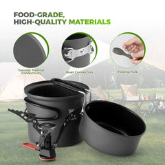 Ultra-Light Aluminum Camping Cookware Set with Nestable Handle Design